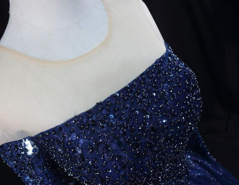 Gothic Navy Blue Off-Shoulder Wedding Dress - Designer Sequin Gown - Long Sleeve Wedding Dress Plus Size